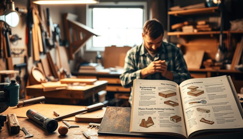A dimly lit workshop filled with various woodworking tools, including a handsaw, chisel, and sandpaper. In the foreground, a detailed step-by-step guide showcases a beginner-friendly woodworking project, with clear illustrations and annotations to help the reader understand the process. In the middle ground, a skilled craftsman carefully follows the instructions, meticulously shaping the wood with focused precision. The background features a workbench, shelves of materials, and a warm, cozy atmosphere, conveying a sense of expertise and the joy of creating. The overall scene exudes a sense of guidance and the potential for novice woodworkers to successfully complete their projects. A dimly lit workshop filled with various woodworking tools, including a handsaw, chisel, and sandpaper. In the foreground, a detailed step-by-step guide showcases a beginner-friendly woodworking project, with clear illustrations and annotations to help the reader understand the process. In the middle ground, a skilled craftsman carefully follows the instructions, meticulously shaping the wood with focused precision. The background features a workbench, shelves of materials, and a warm, cozy atmosphere, conveying a sense of expertise and the joy of creating. The overall scene exudes a sense of guidance and the potential for novice woodworkers to successfully complete their projects.