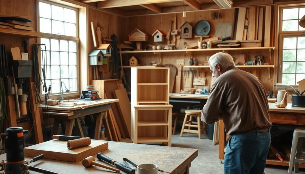A well-lit workshop filled with a variety of woodworking tools, including a saw, hammer, chisel, and sandpaper. In the foreground, a beginner-friendly woodworking project, such as a simple shelving unit or a small table, takes shape under the skilled hands of a craftsman. The middle ground showcases additional projects, from birdhouses to garden benches, showcasing the versatility of the woodworking plans. The background features a cozy, inviting atmosphere, with natural light filtering in through large windows, creating a warm and inspiring setting for the aspiring woodworker. A well-lit workshop filled with a variety of woodworking tools, including a saw, hammer, chisel, and sandpaper. In the foreground, a beginner-friendly woodworking project, such as a simple shelving unit or a small table, takes shape under the skilled hands of a craftsman. The middle ground showcases additional projects, from birdhouses to garden benches, showcasing the versatility of the woodworking plans. The background features a cozy, inviting atmosphere, with natural light filtering in through large windows, creating a warm and inspiring setting for the aspiring woodworker.