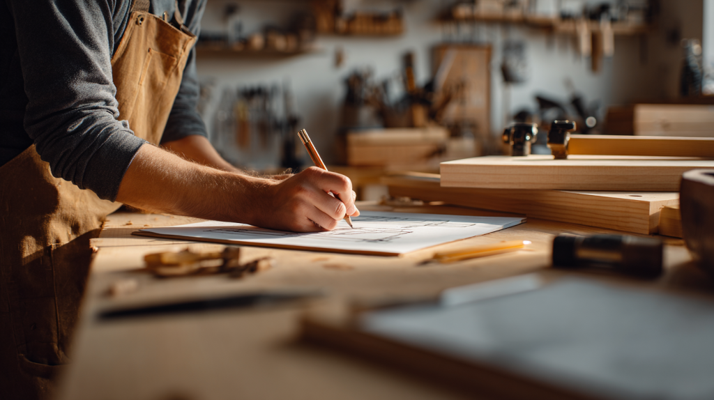 Beginner planning simple shelf designs at a woodworking table.