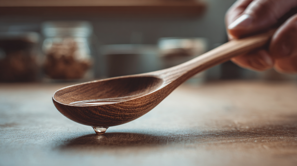 Finished wooden spoon being oiled and maintained on a countertop.