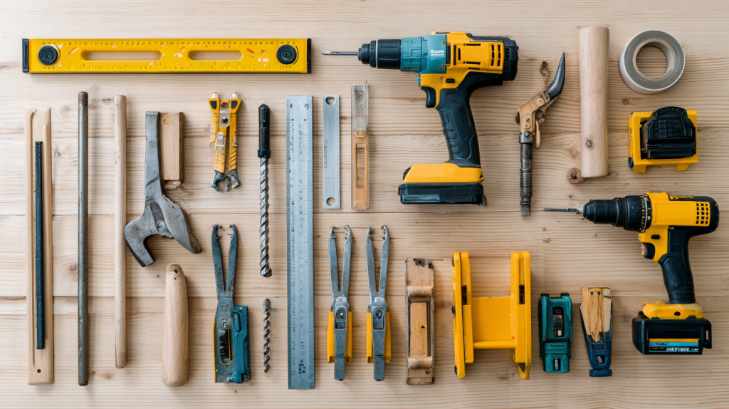 Essential woodworking tools for beginners laid out on a workbench.