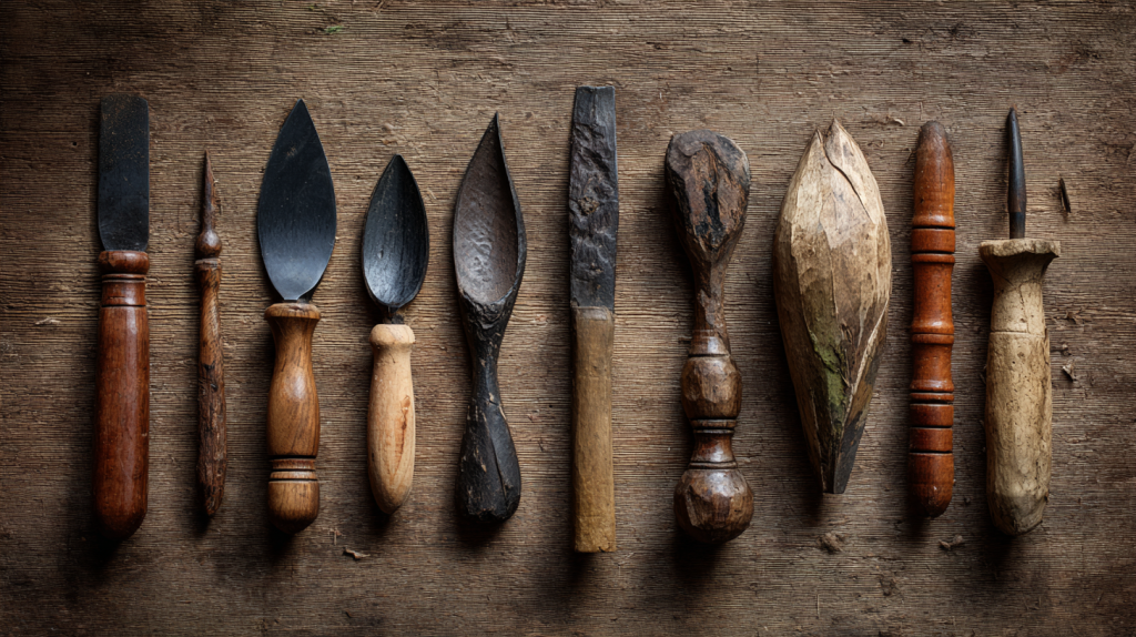 Essential beginner carving tools for spoon making on a wood surface.