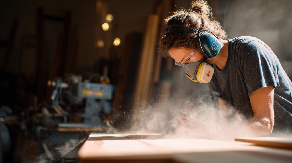 Beginner sanding wood while wearing essential woodworking safety gear.