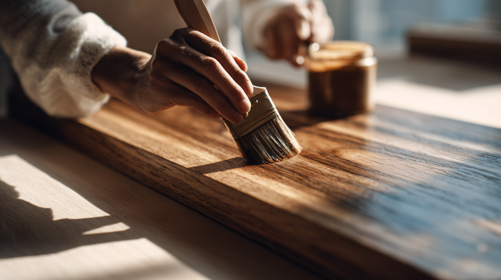 Hands applying stain to a wooden shelf for a smooth finish.