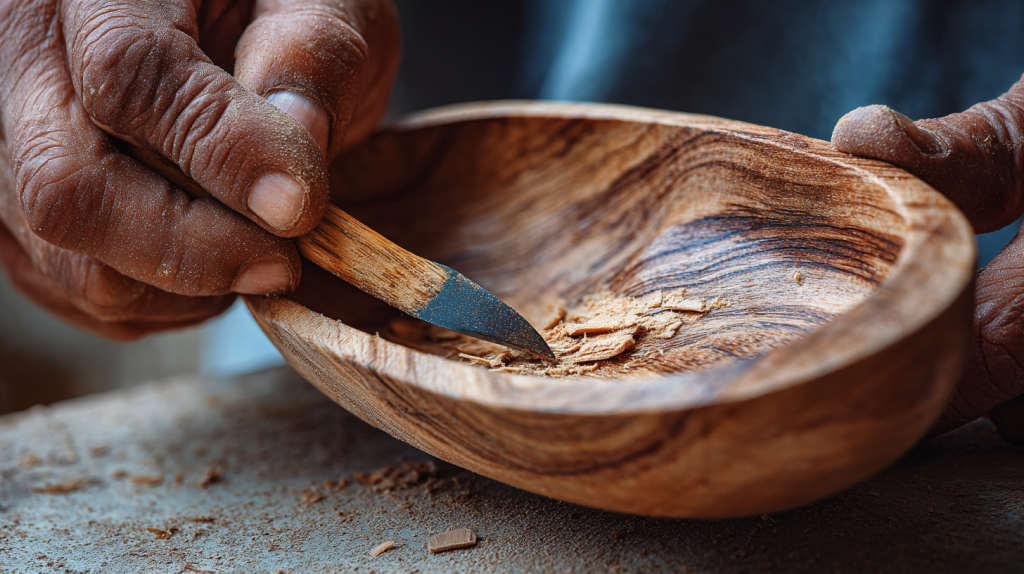 Detail view of carving the spoon’s bowl with a hook knife.