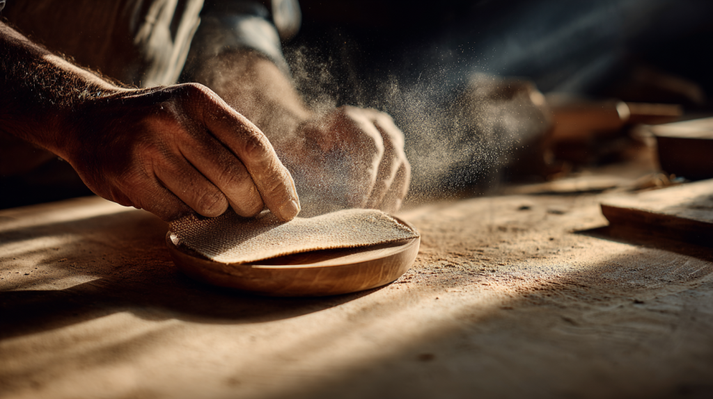 Wooden spoon being sanded smooth by hand in soft daylight.