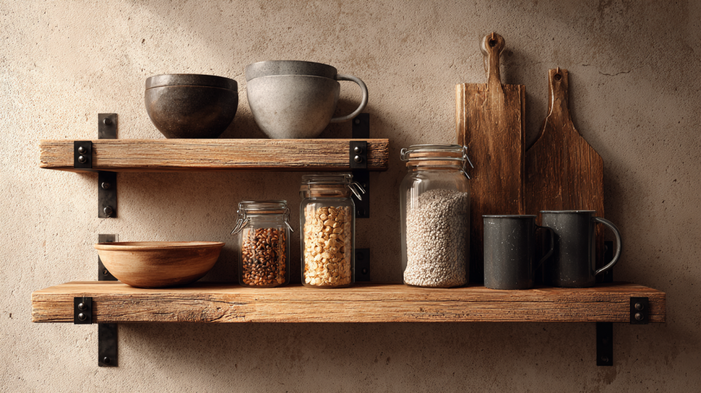 Rustic wooden bracket shelves in a cozy kitchen setup.
