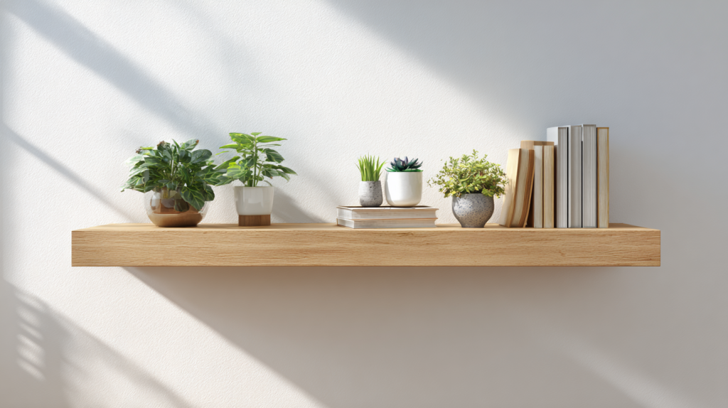 A clean floating shelf displaying books and plants in a small living space.