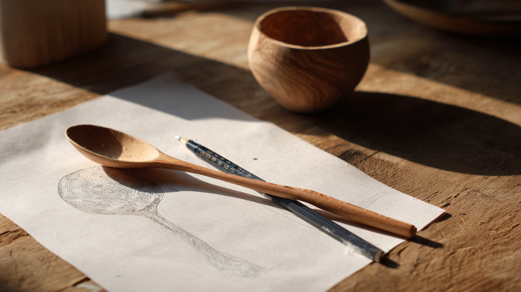 Hand-drawn spoon design next to a wood blank, ready for carving.