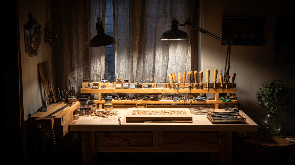 Beginner-friendly woodworking workspace with tools and wood blank ready.