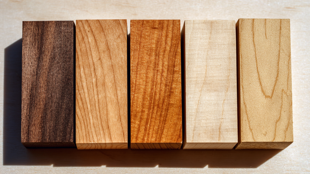 Different types of wood ideal for spoon carving displayed on a table.