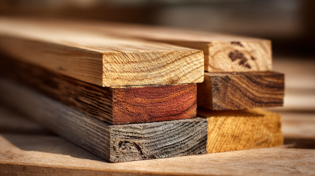 Softwood and hardwood samples displayed for shelf building comparison.