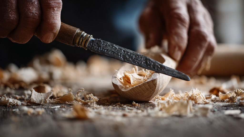 Beginner carving the basic shape of a spoon from a wood blank.
