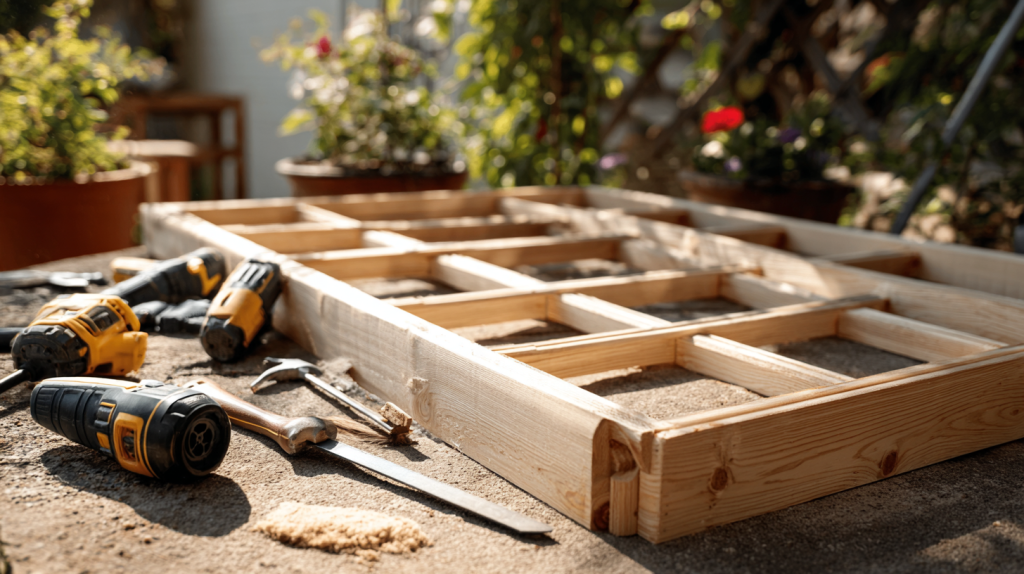 Beginner building a custom wooden garden trellis in a backyard.