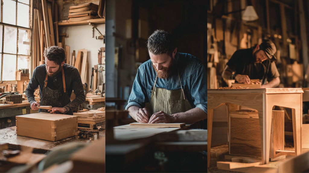 Side-by-side examples of woodworking projects for beginner, intermediate, and advanced levels.