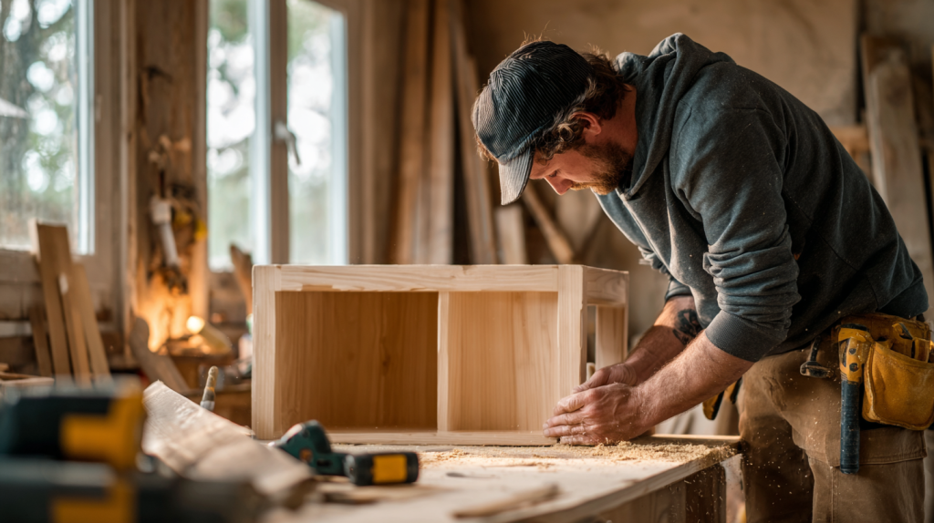 Beginner building a weekend woodworking project in a home garage