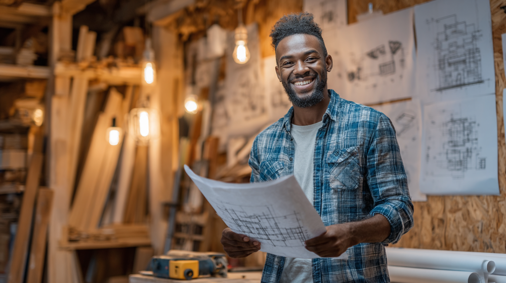 Smiling beginner woodworker holding a Ted's Woodworking plan in a well-organized workspace