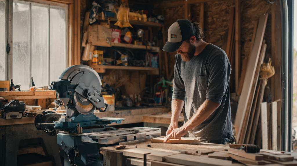 Beginner woodworker using essential tools in a home garage workshop