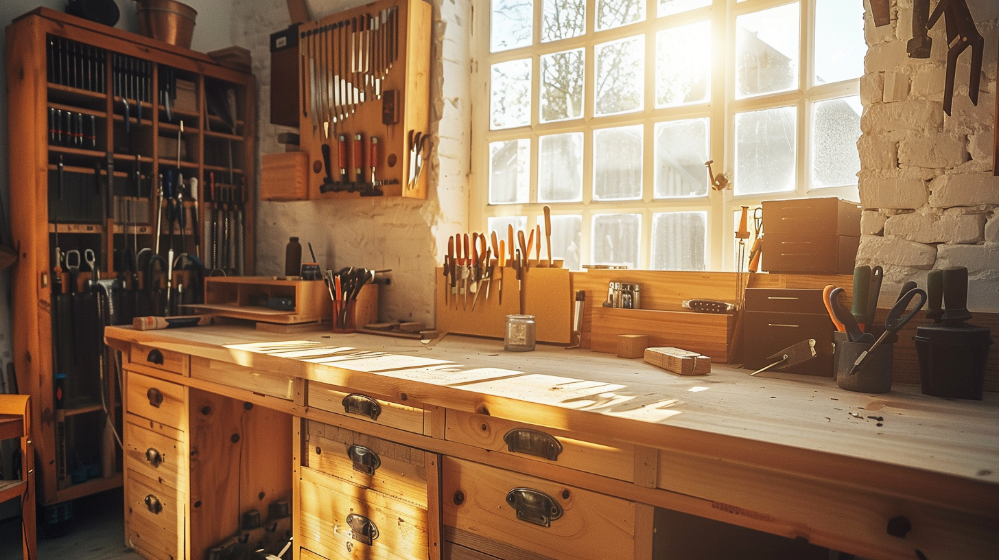 Bright and cozy woodworking workshop with tools neatly organized and sunlight streaming through the windows