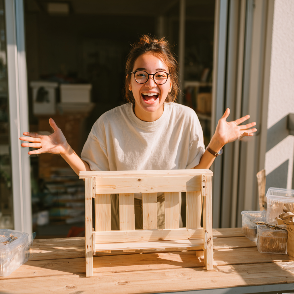 Beginner woodworker proudly displaying their finished DIY woodworking project in a small home setup.