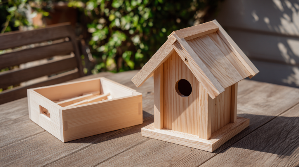 Finished birdhouse next to a small woodworking project kit in natural lighting.