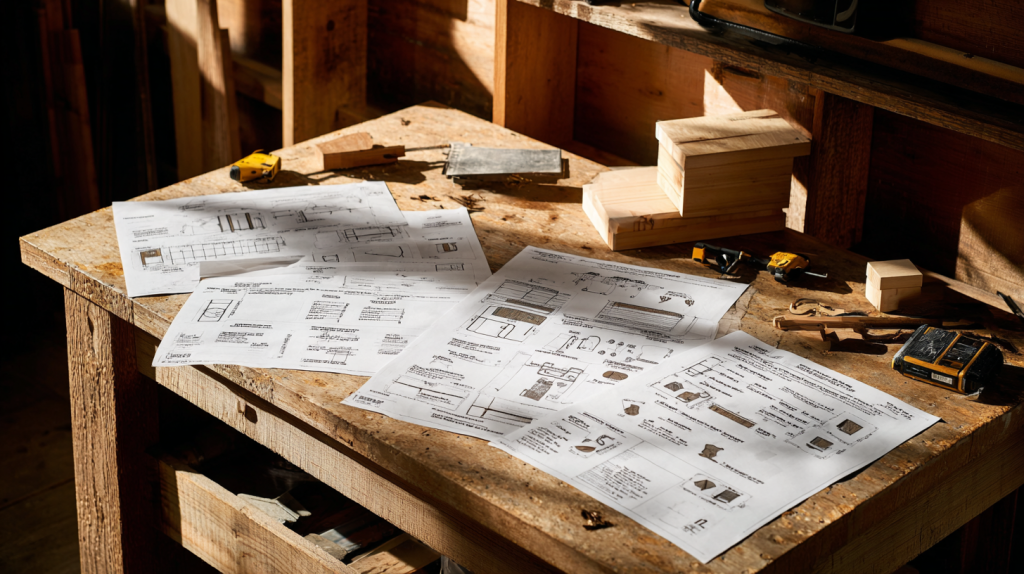 Printed woodworking plans featuring diagrams, cut lists, and tools arranged neatly on a wooden bench