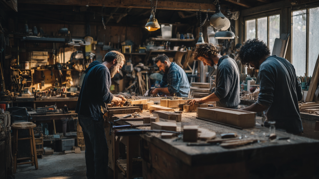 Woodworkers of various skill levels collaborating in a bright, approachable workshop.