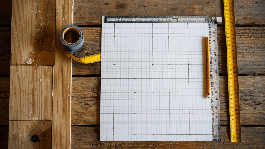 Trellis design sketch with measuring tools on a woodworking table.