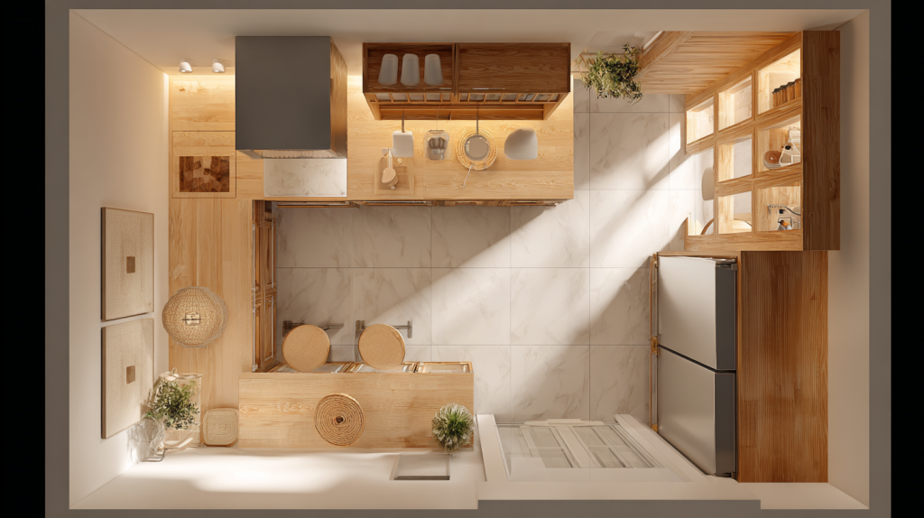 Kitchen layout sketch showing small space cabinet planning for beginners.