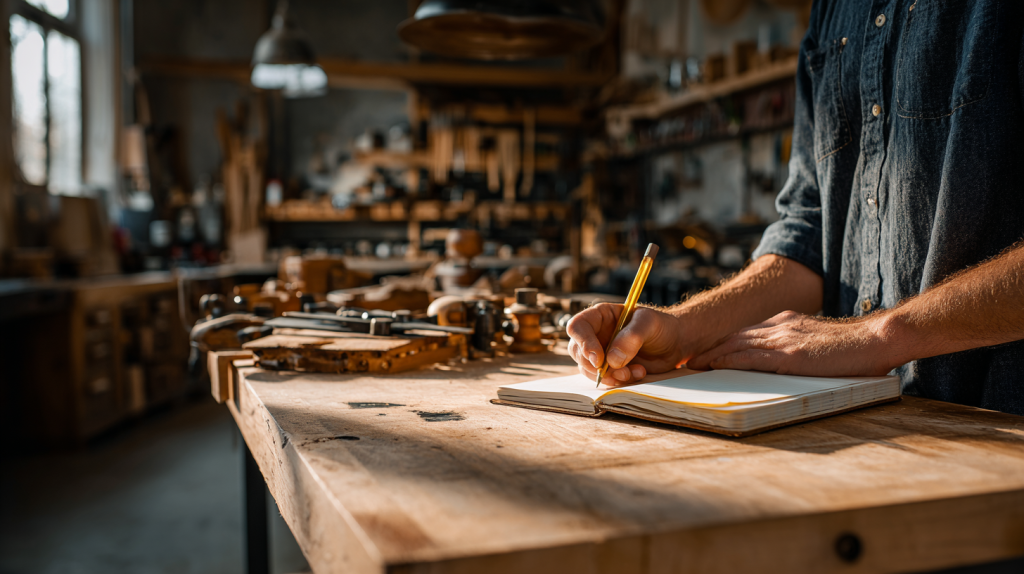 Woodworker reviewing their tools and writing down their skill level in a cozy woodshop.