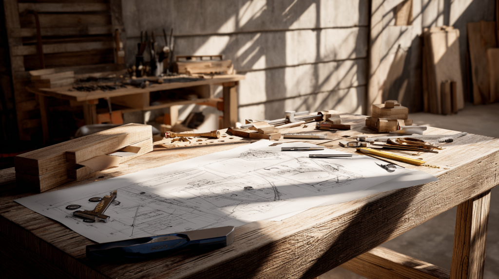 Woodsmith project plans with diagrams and tools in a detailed home workshop