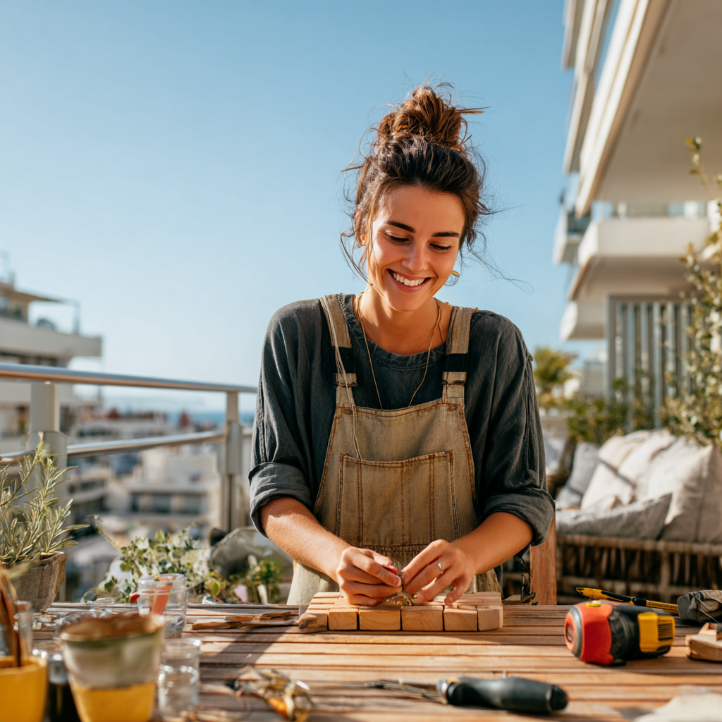 Beginner woodworker happily working on a small project in a bright balcony setup.