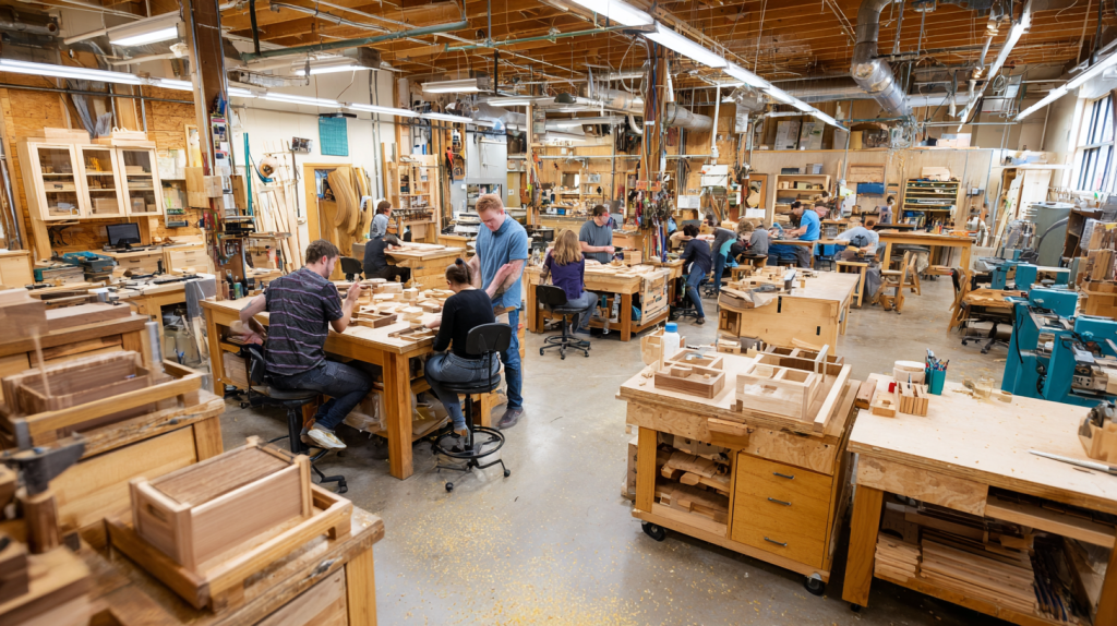Woodworking workshop with people building small craft projects