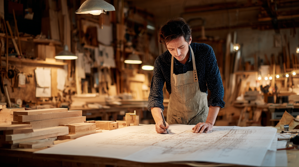 Woodworker analyzing a complex woodworking plan in a bright workshop.