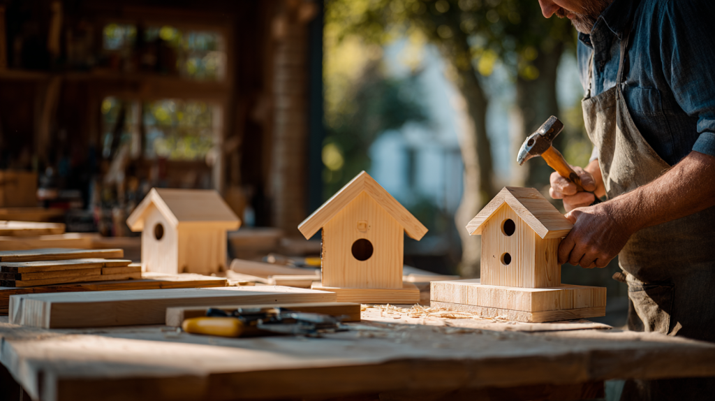 Beginner building a birdhouse using a woodworking kit inside a bright home workshop.