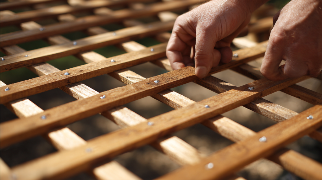 Close-up of lattice slats being installed on a wooden trellis.