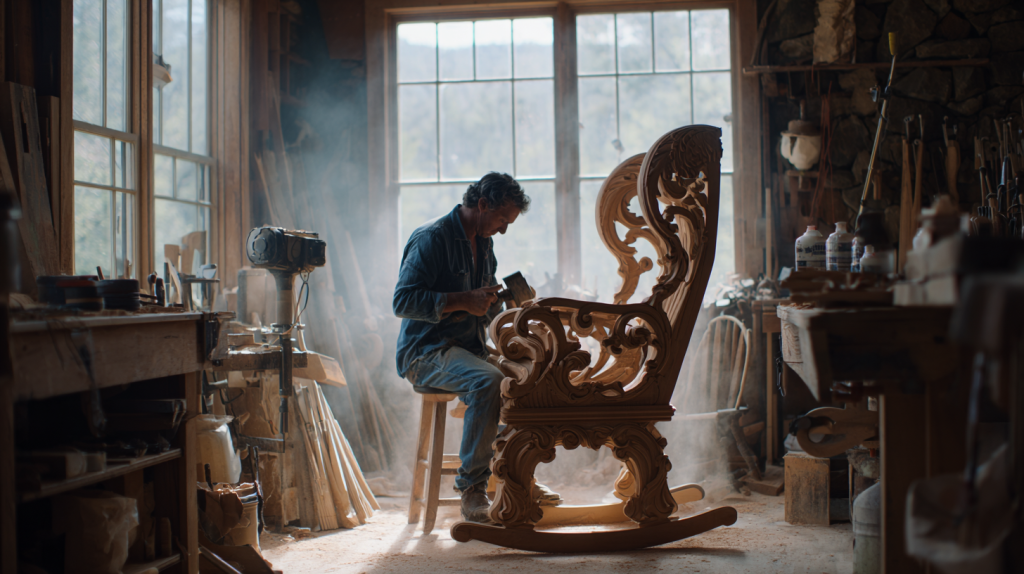 Experienced woodworker adding intricate carvings to a rocking chair.