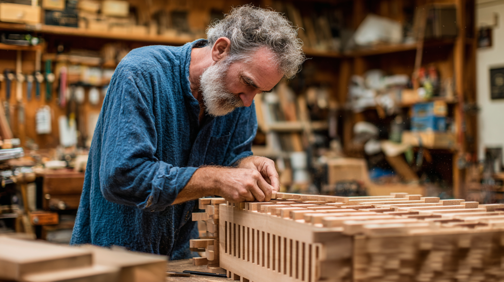 Intermediate woodworker constructing a bookshelf with dovetail joinery.