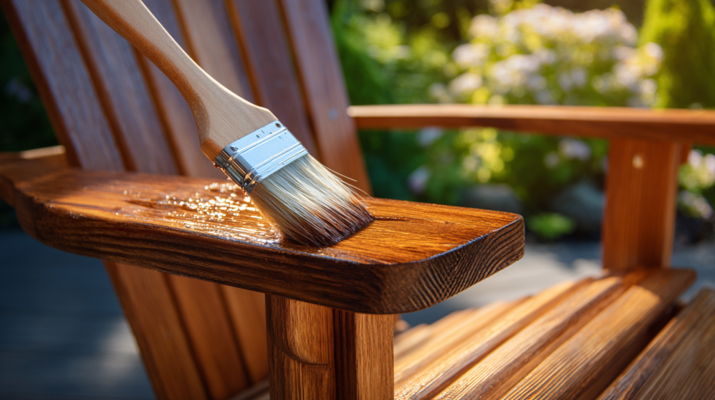 Finishing Adirondack chair wood with stain or varnish outdoors.