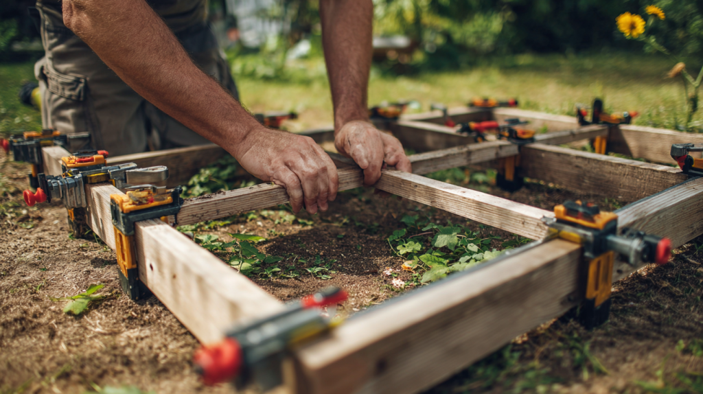 Hands assembling a trellis frame using clamps in a backyard.