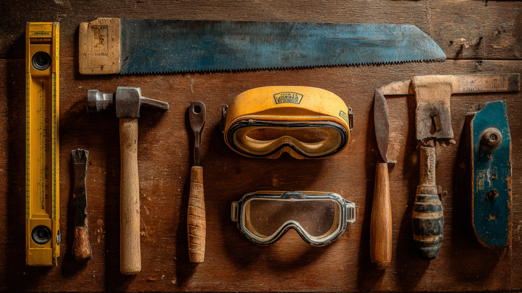 Essential beginner woodworking tools laid out neatly on a wooden workbench.