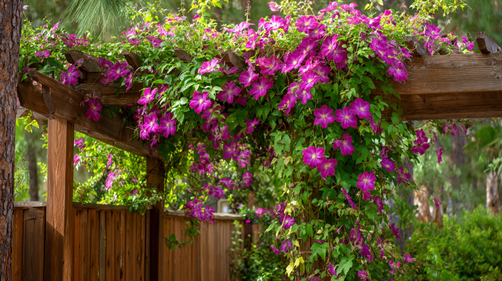 Colorful flowering vines growing on a wooden garden trellis.