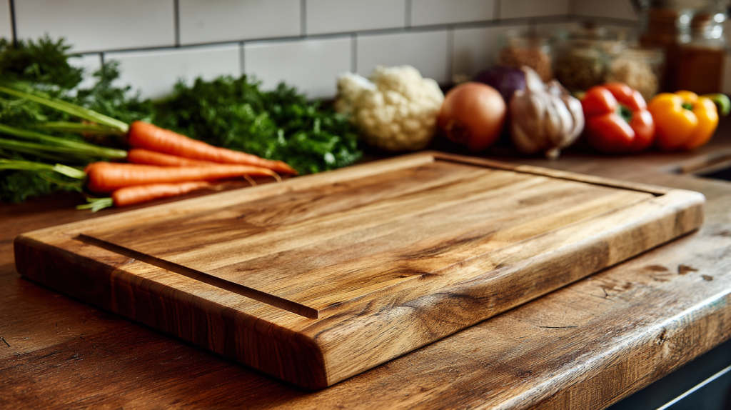 DIY hardwood cutting board in a kitchen setting