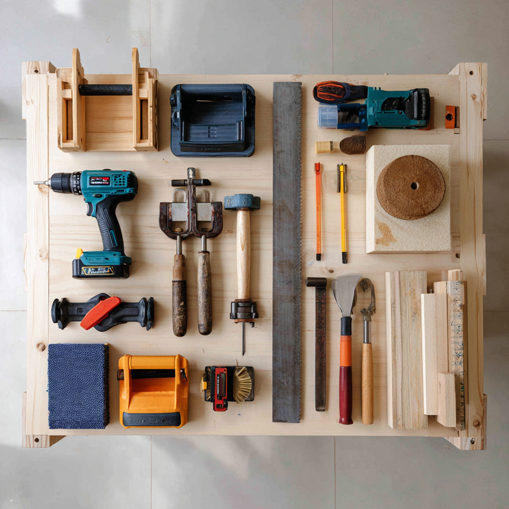 Essential compact tools arranged on a small workspace for beginner woodworkers.