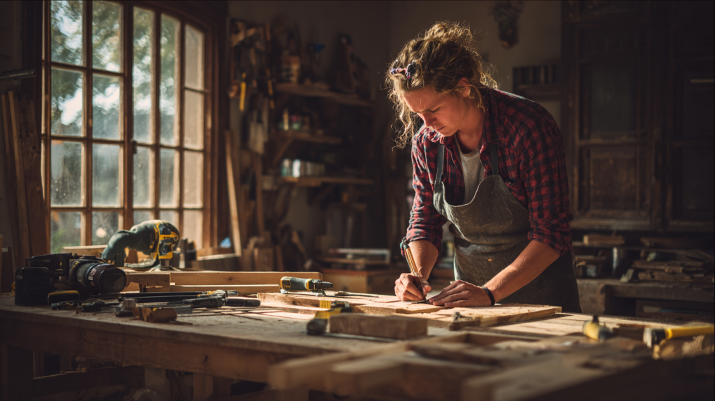 Beginner using free online woodworking plans to build a small DIY project in a simple workshop.