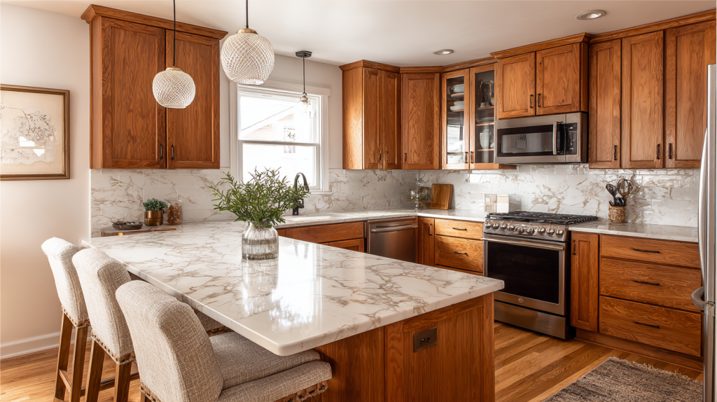 Stylish small kitchen with custom wood cabinets optimized for space and function.