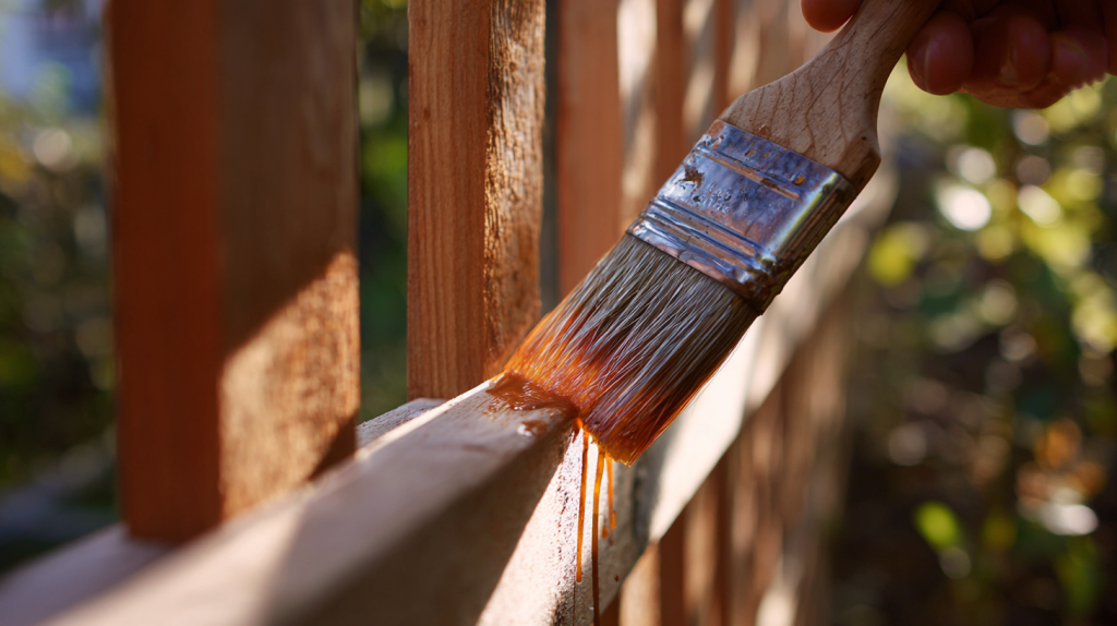 Applying stain to a finished trellis outdoors for weather protection.