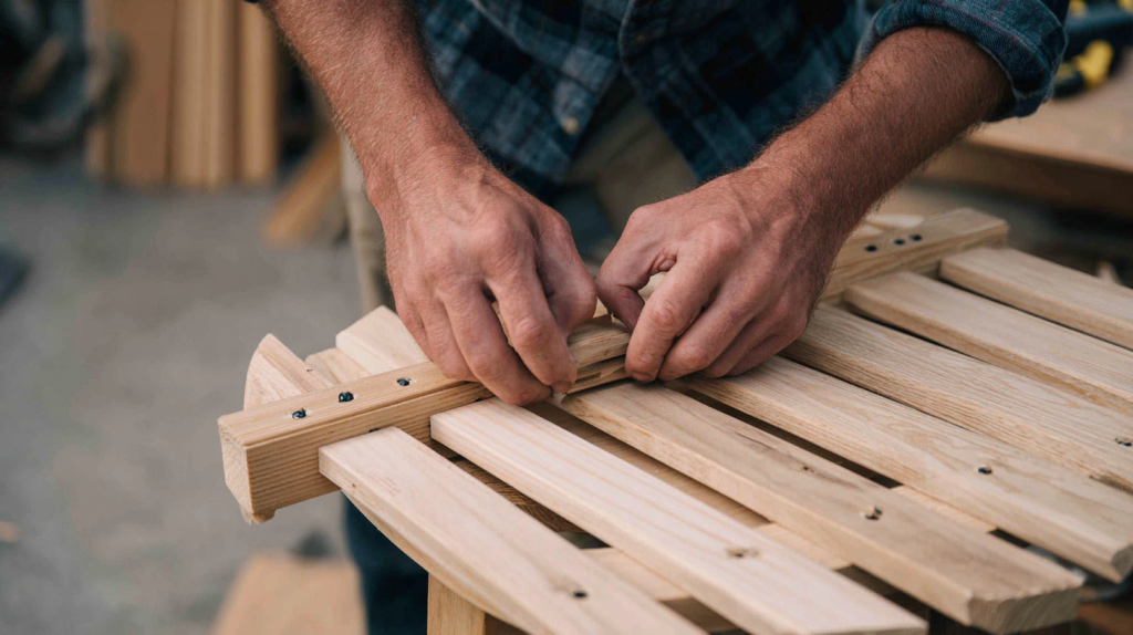 Hands assembling Adirondack chair seat and back slats.