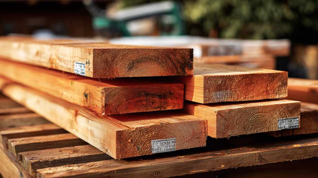 Different wood types like cedar and redwood on a bench for trellis building.