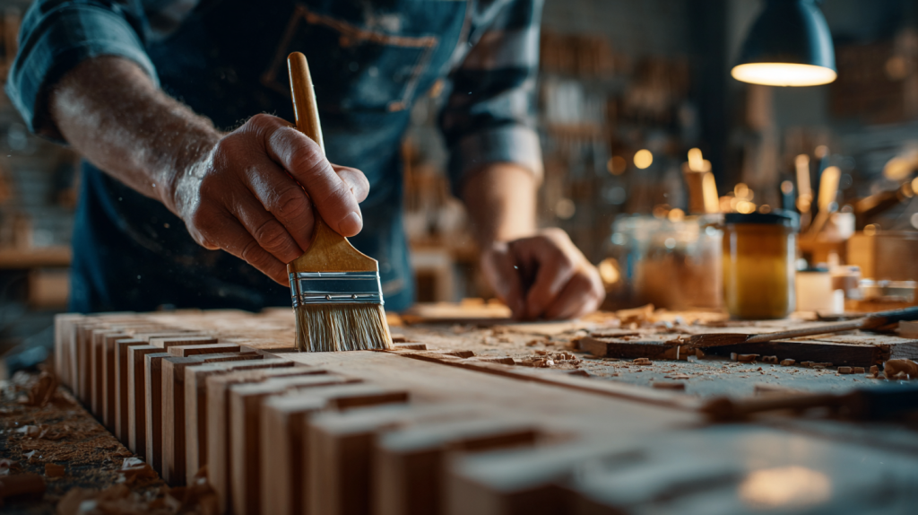 Woodworker applying joinery and finish to DIY kitchen cabinet project.